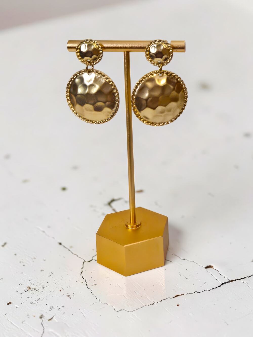 Hammered Matte Gold Circle Dangle Earrings 2"